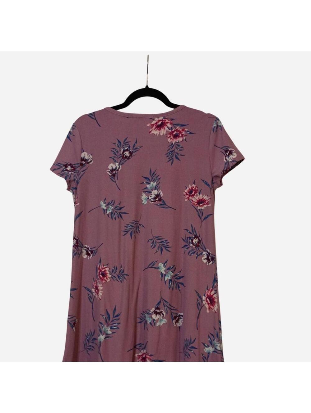 Pink Rose L Mauve Floral Swing Dress V Neck Strappy Short Sleeve Boho - Picture 3 of 7
